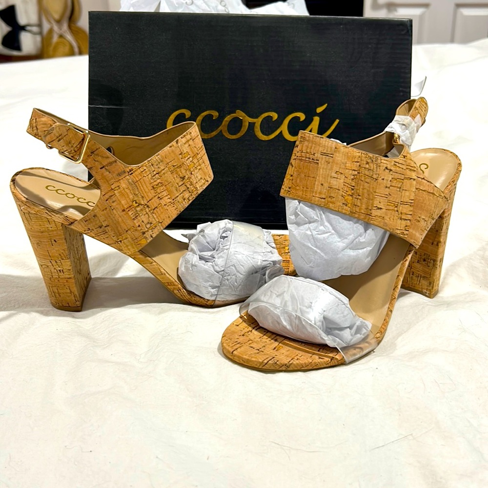 Cork and clear strap heels